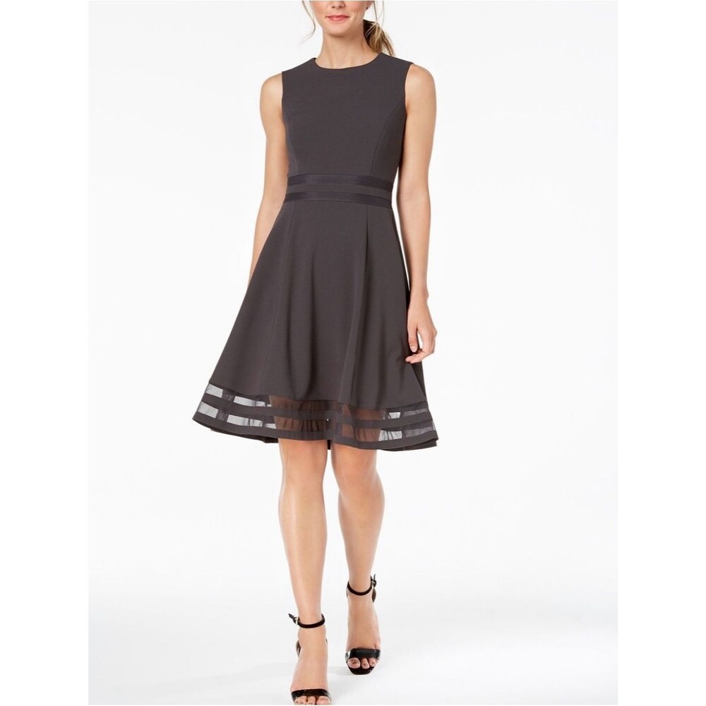 Calvin Klein Dark Gray Fit-and-Flare Skirt with Sheer Stripe Hem